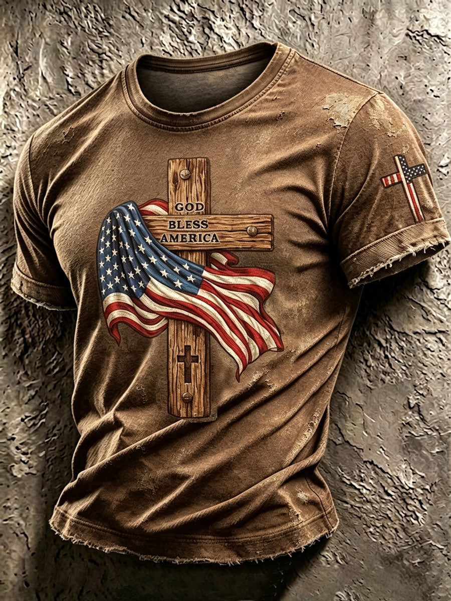 Men'S Retro American Flag Cross ���GOD BLESS AMERICA ���Pattern Short Sleeve T-Shirt