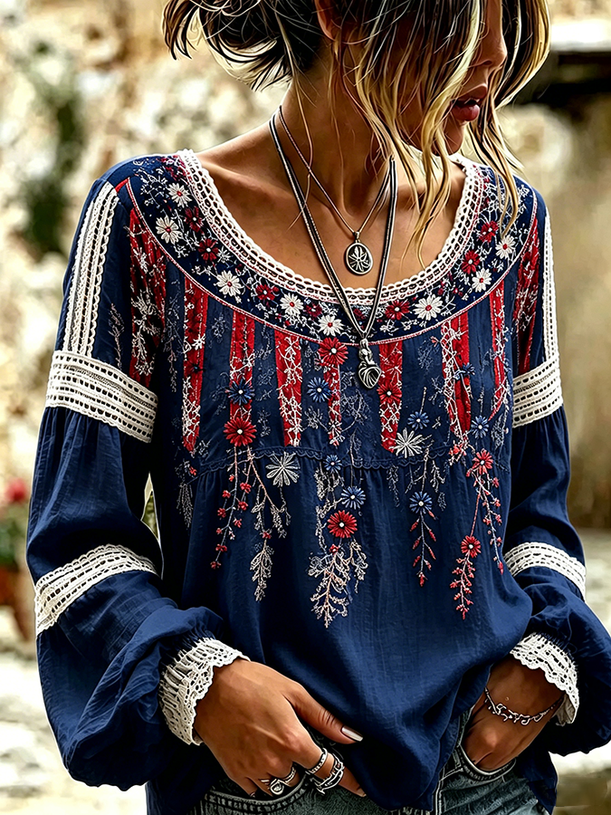 Women's Vintage American Flag Floral Art Cotton-Linen Shirt
