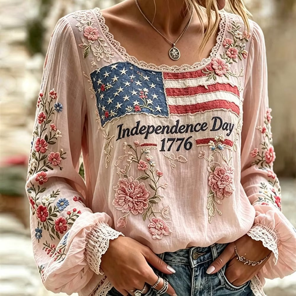 Bohemian Flower Embroidered American Flag Women'S Shirt Independence Day Lace Trimmed Long Sleeved Top
