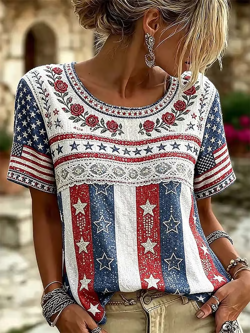 Women'S  America Flag Printed Casual T-Shirt