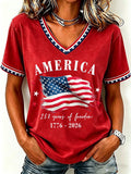 Women'S America Flag Floral Print Casual V-Neck T-Shirt