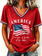 Women'S America Flag Floral Print Casual V-Neck T-Shirt