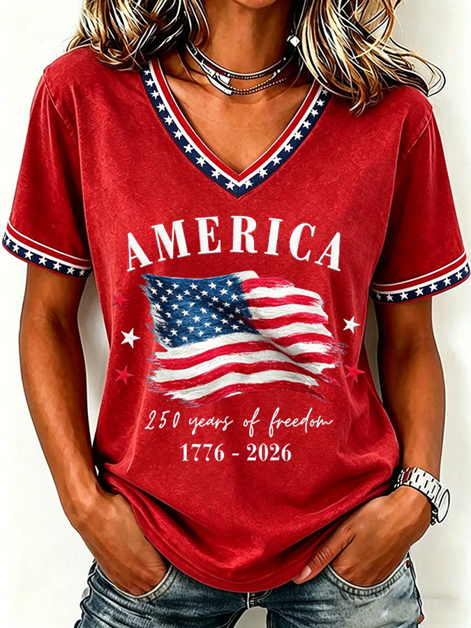 Women'S America Flag Floral Print Casual V-Neck T-Shirt
