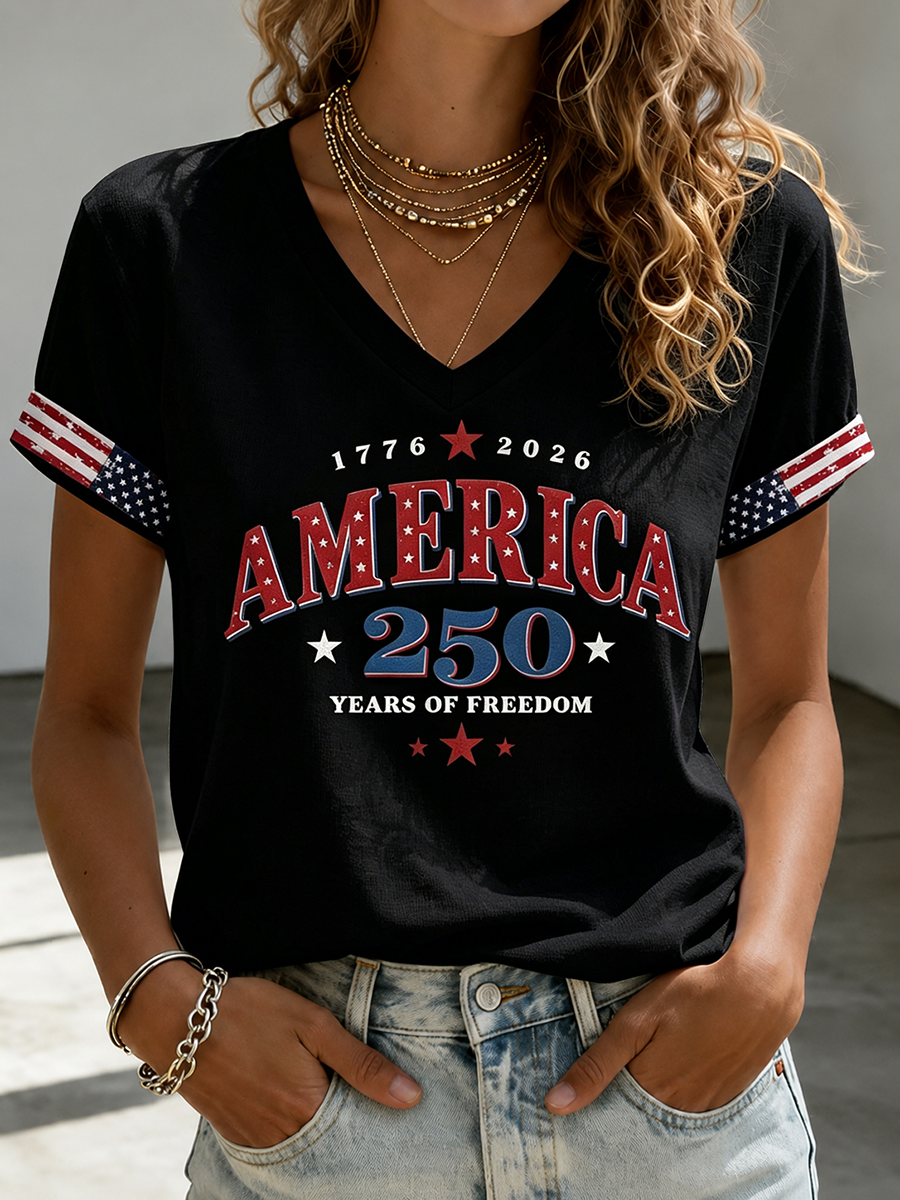 Women's Casual American 250 Celebration Printed V-Neck T-Shirt
