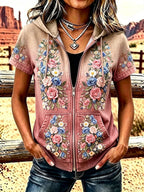 Ladies' Western Style Floral Zipper Hooded Top