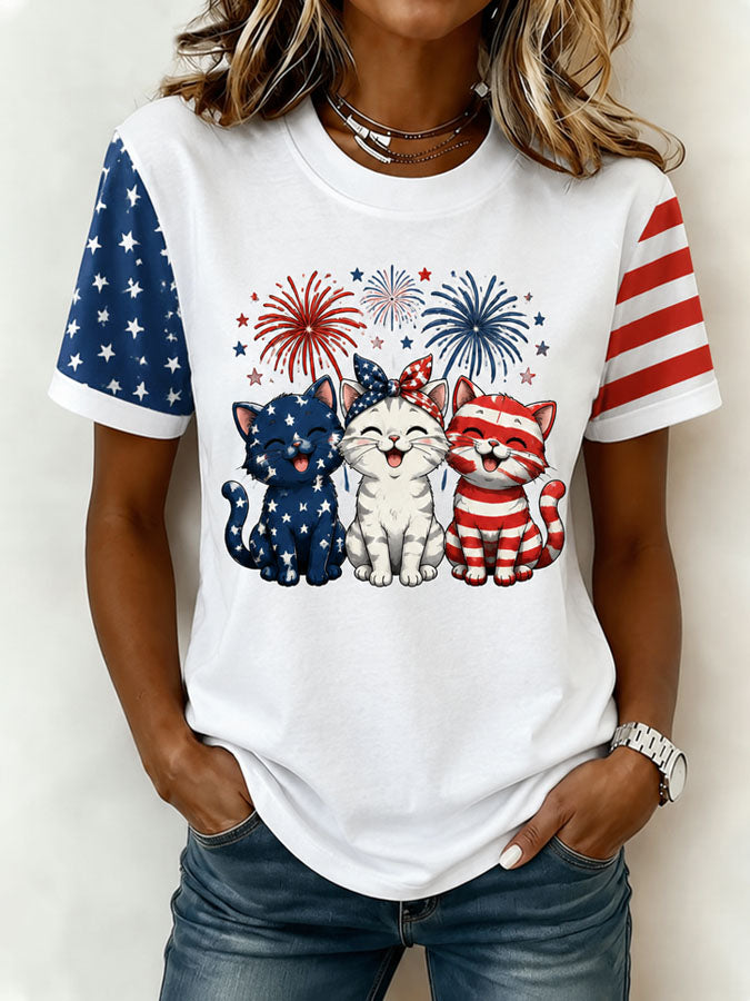 Women's American Flag Kittens Printed Casual T-shirt