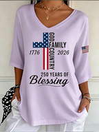 Women's God Family Country Flag Cross V Neck 3/4 Sleeve Casual Tee
