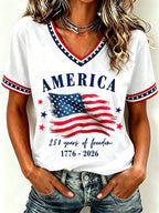 Women'S America Flag Floral Print Casual V-Neck T-Shirt