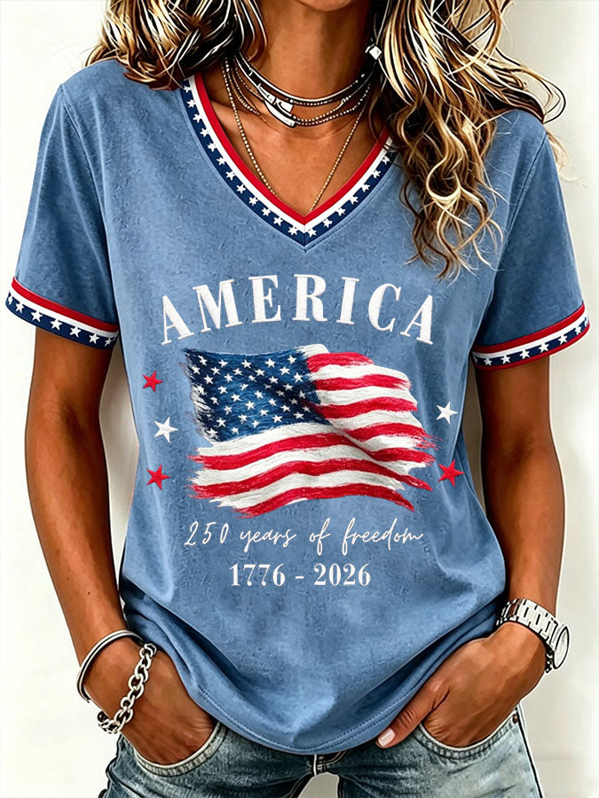 Women'S America Flag Floral Print Casual V-Neck T-Shirt