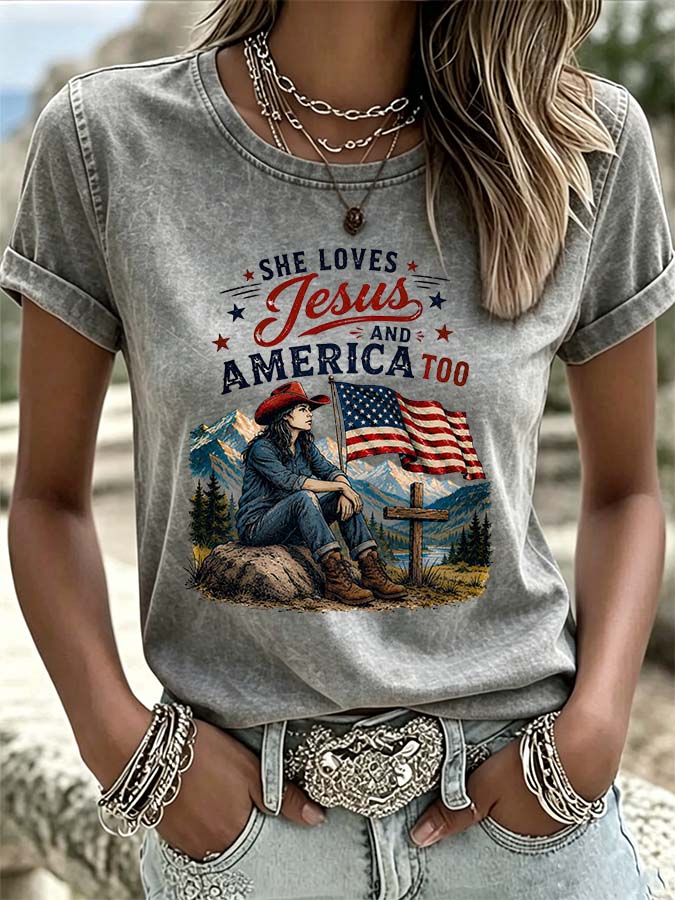 Women'S Western Style American Flag Love Jesus And American Casual Round Neck T-Shirt