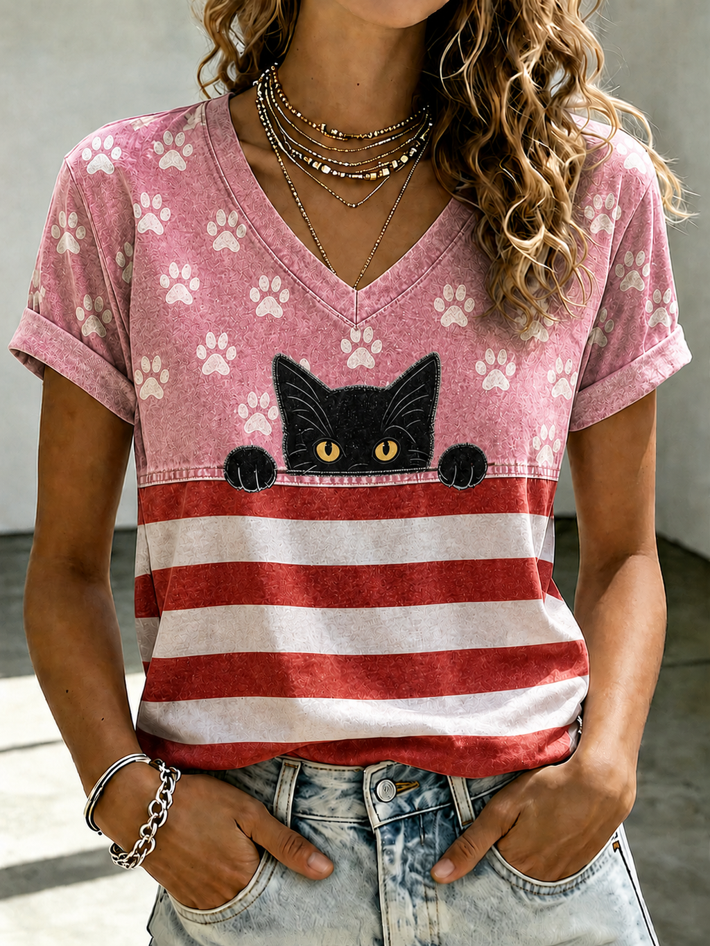 Women'S American Flag Cat Printed Casual T-Shirt