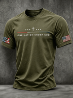 Men's One Nation Under God Cross USA Flag Embroidery Crew Neck Raglan Short Sleeve Patriotic T-Shirt