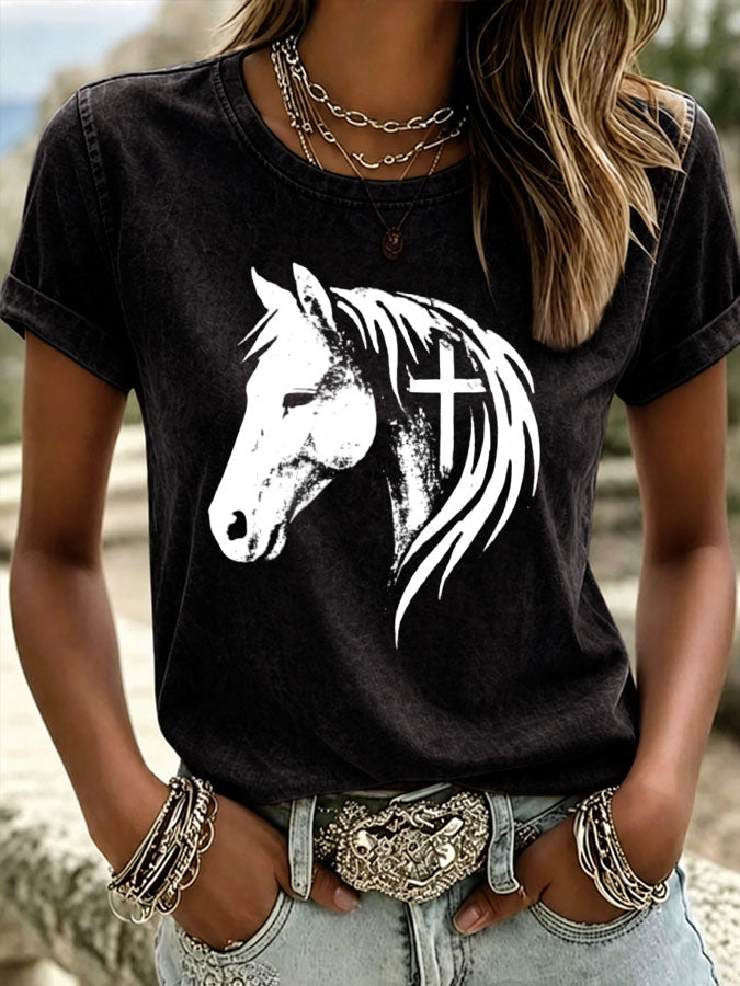 Women's Horse Head Cross Printed Casual T-Shirt