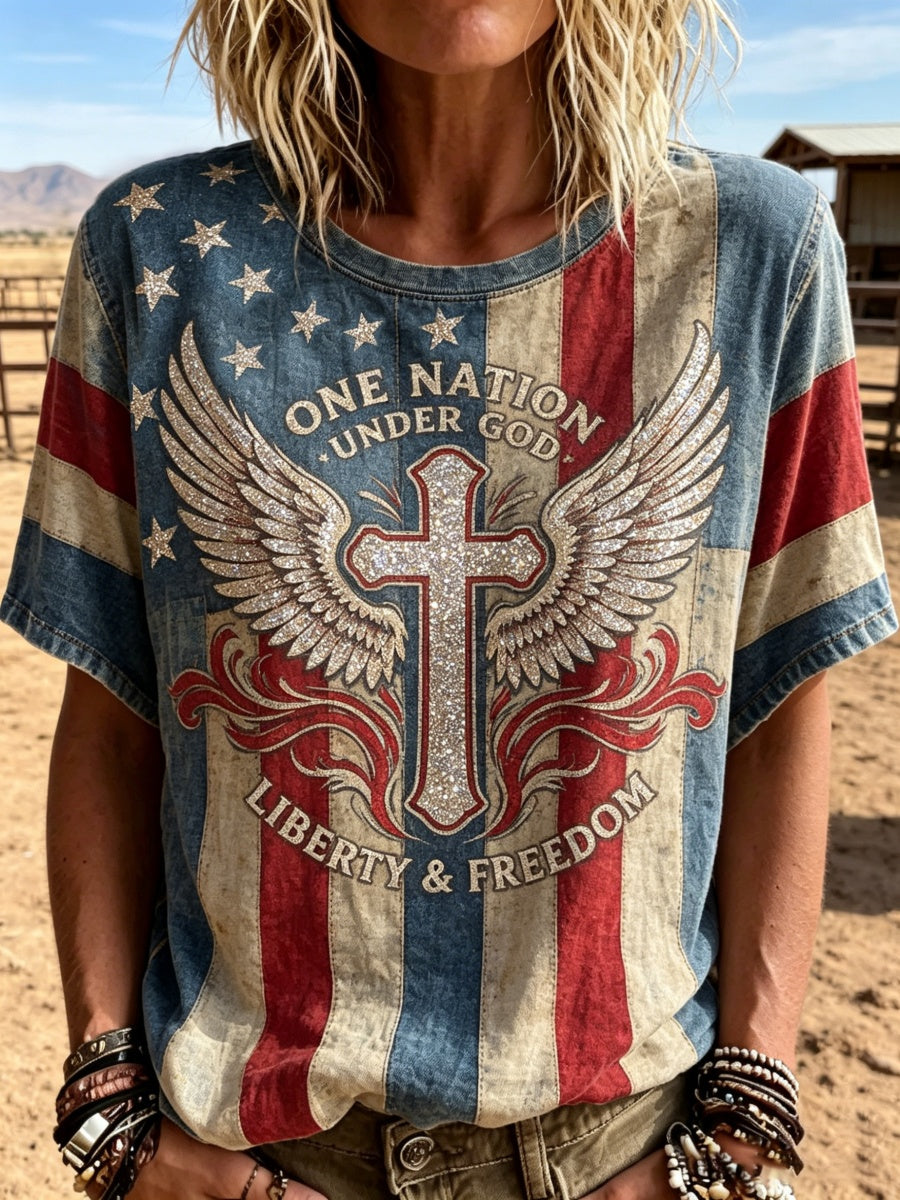 Western-Style Cross & Wings Print Women's T-Shirt
