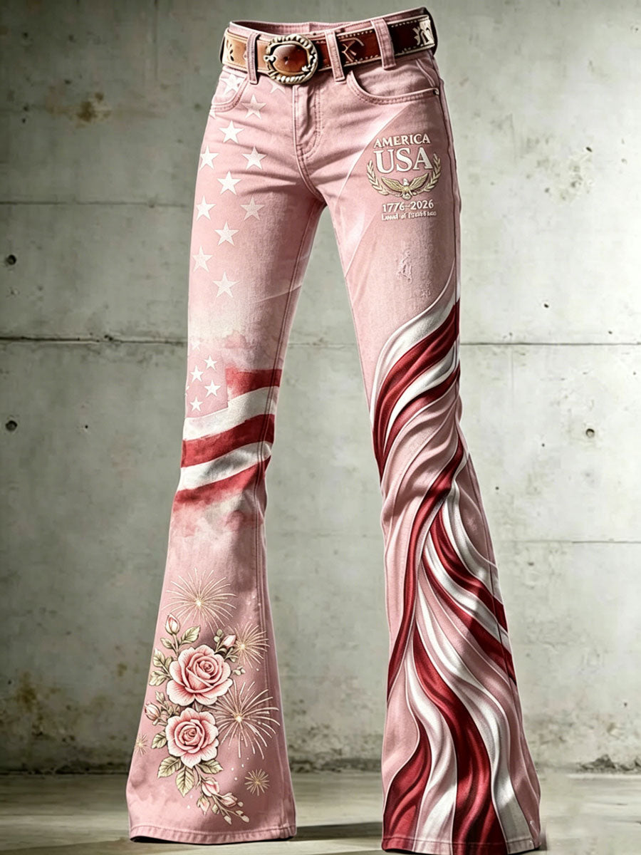 Women's High-Waisted Jeans with Cross, Flag, Butterfly, and Floral Patterns