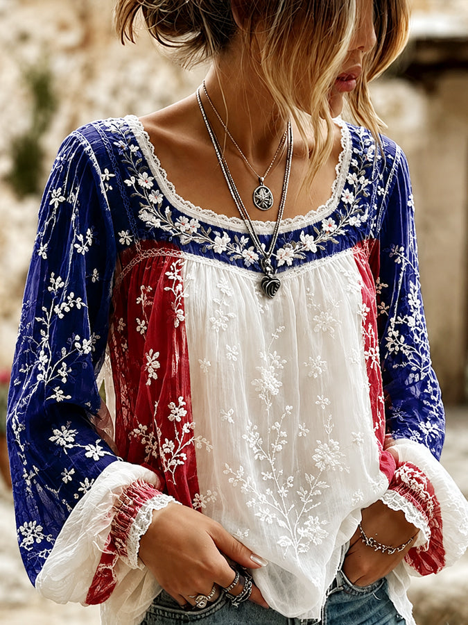 Women'S American Independence Day Floor Fresh Round Neck Top