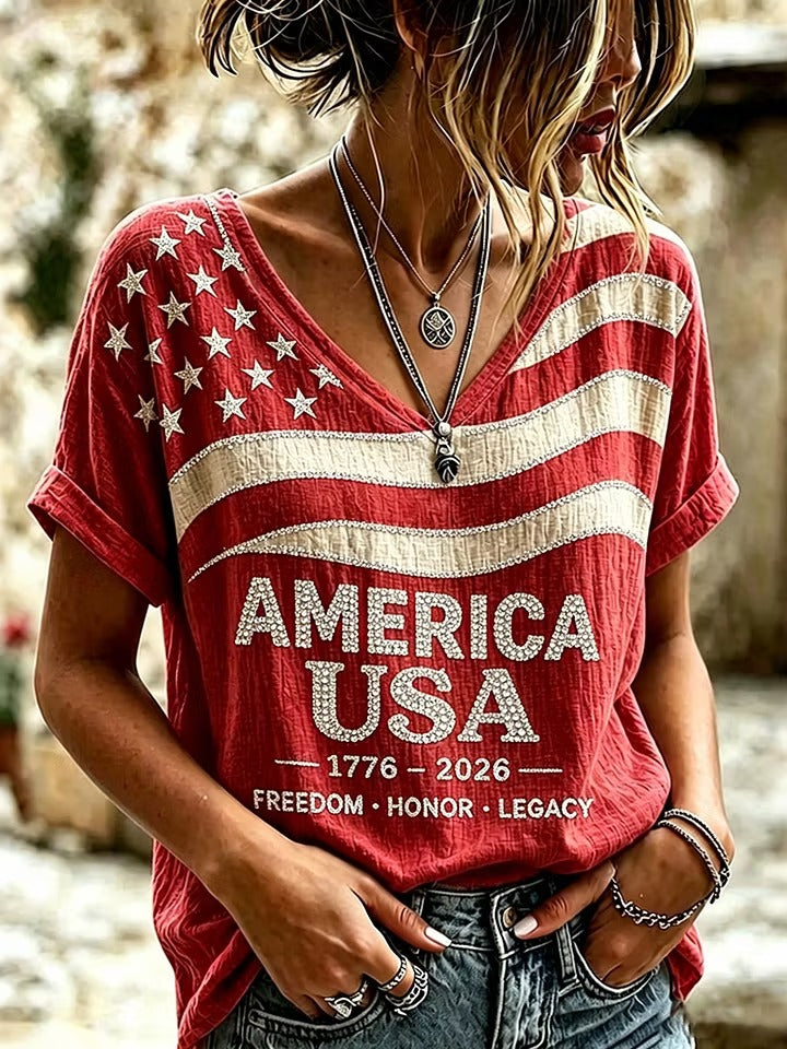 Women's Independence Day Flag Art Cotton Linen Short Sleeve Top