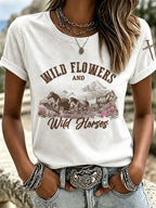 Retro Ethnic Floral Art Printed Round Neck Women's T-Shirt
