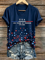 250Th Anniversary American Embroidery Commemorative V-Neck Short Sleeved T-Shirt