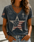 Women'S Clothing Belief Freedom And Flag Print Casual V-Neck Top