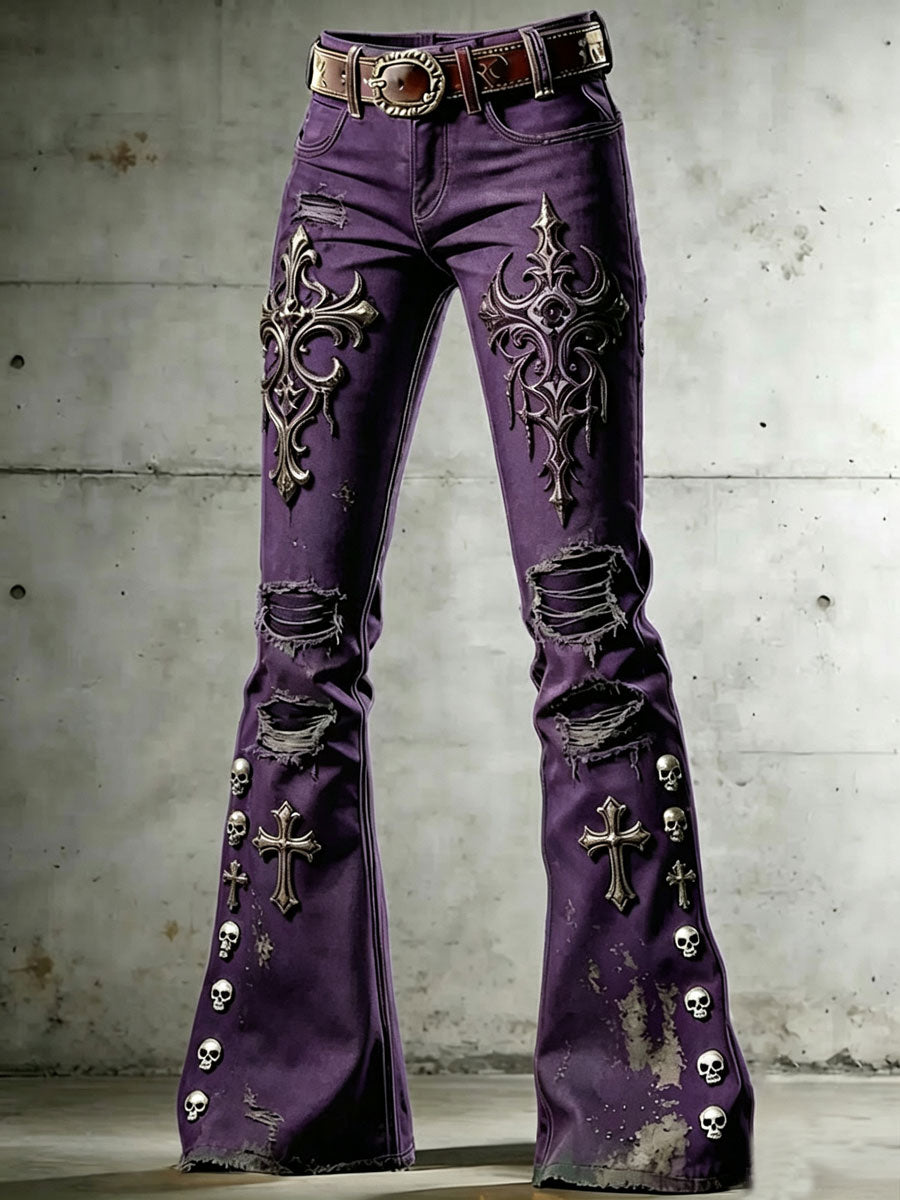 Women's Gothic Skull Art Print Flared Trousers