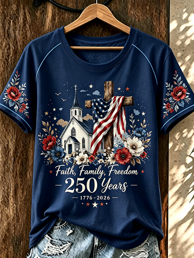 Women'S 250Th Anniversary American Flag Star Casual Round Neck T-Shirt
