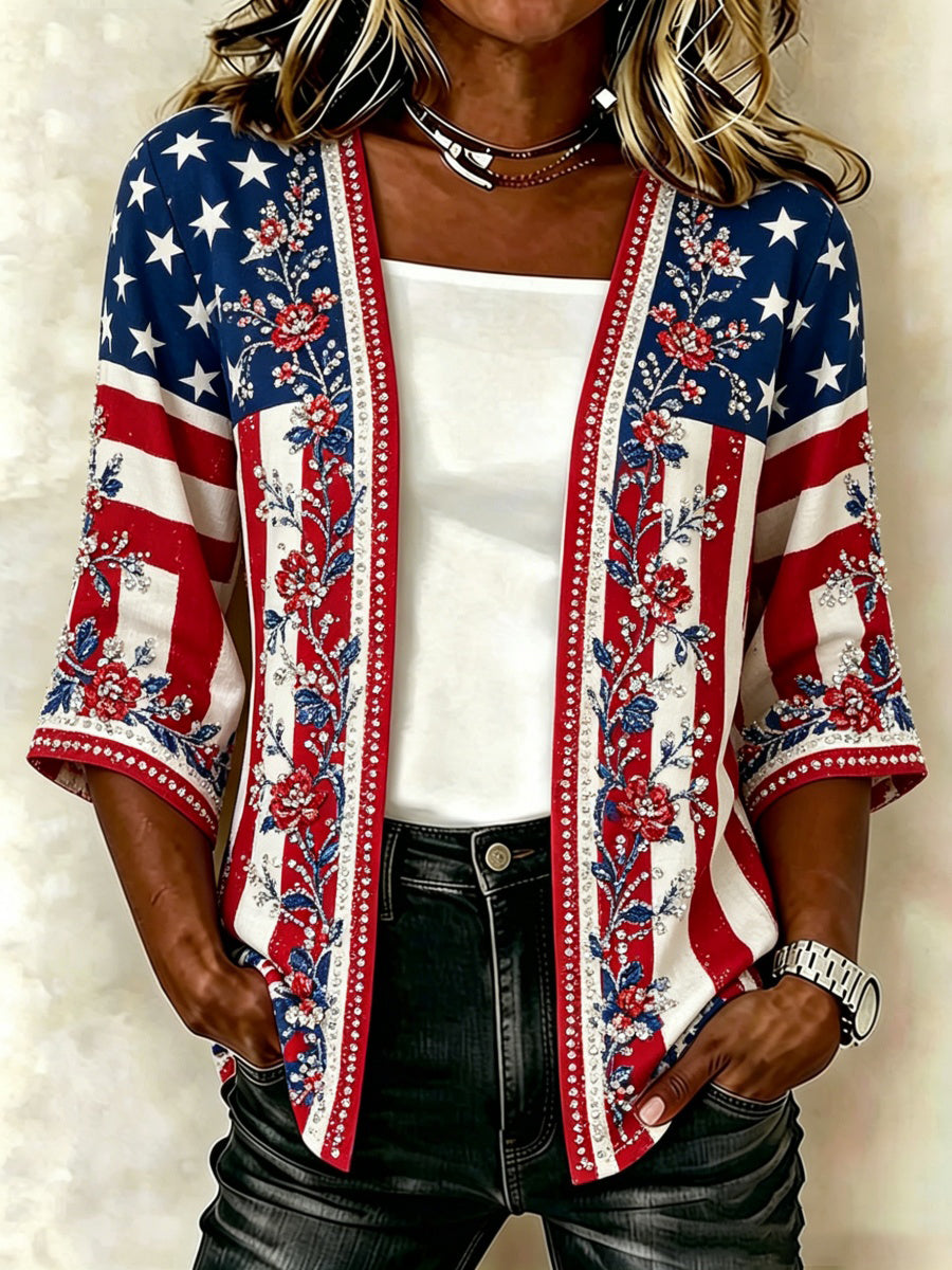 Women's Rhinestone Floral Flag Art Casual Cardigan