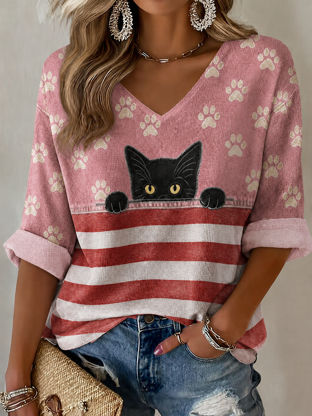 Women's American Flag Cat Printed Casual T-shirt