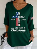 Women's God Family Country Flag Cross V Neck 3/4 Sleeve Casual Tee