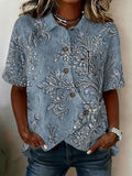 Women'S Cotton And Hemp Faith Flower Art Button Design Casual Printed Top