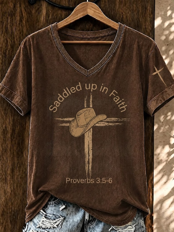 Women'S Retro Western Style Faith Printed V-Neck T-Shirt