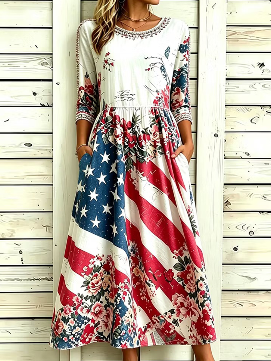 Women'S Casual Plant Flower American Independence Day Print Art Dress