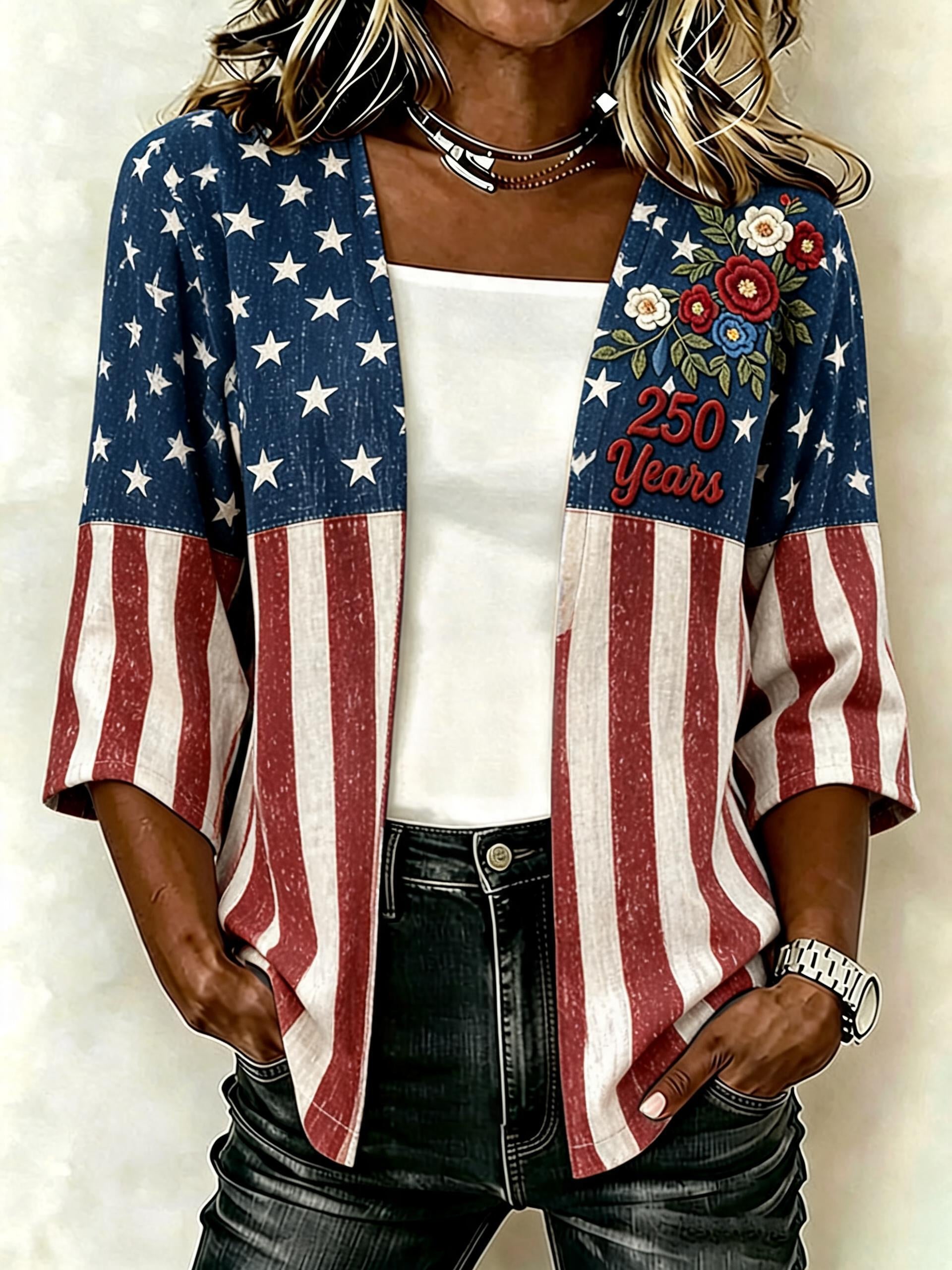 Women'S Casual Loose Independence Day Patriotic Cardigan