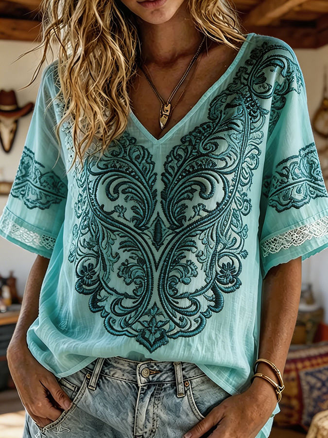 Women's Turquoise Paisley Embroidered Boho Western V-Neck Blouse
