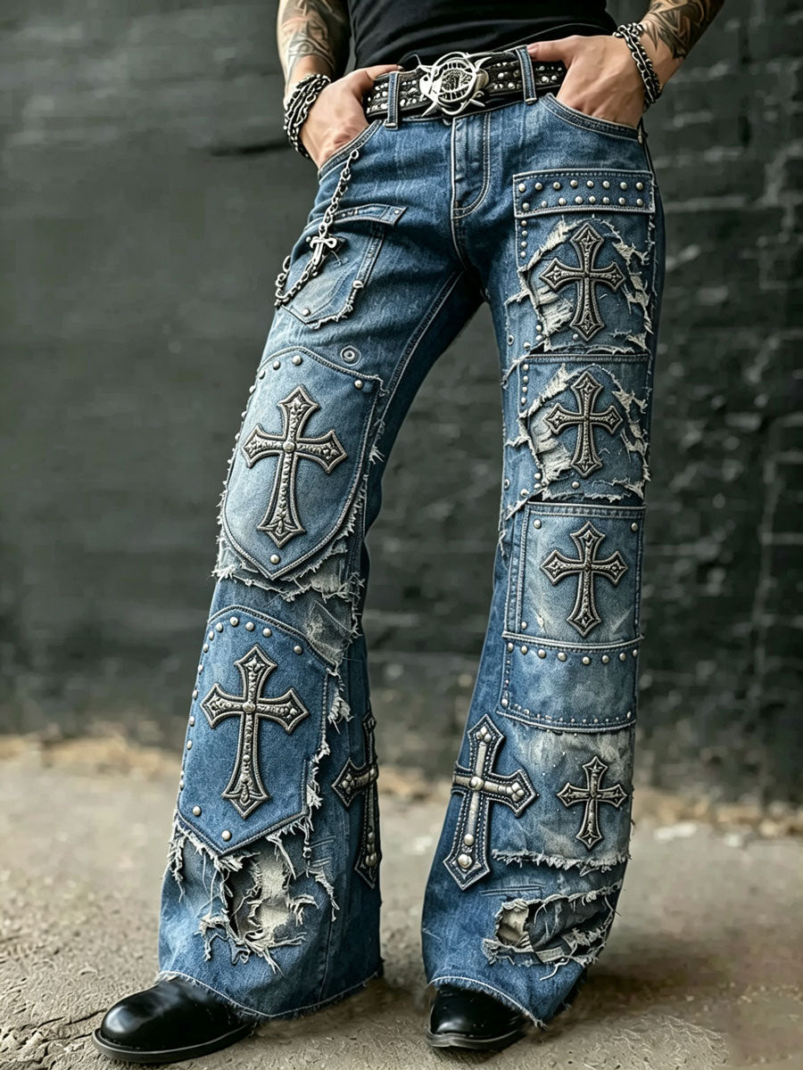 Men's Vintage Punk Rock Skull Cross Patchwork Print Comfortable Pants