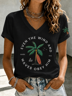 Women'S “Even The Wind And Waves Obey Him” Print V-Neck T-Shirt