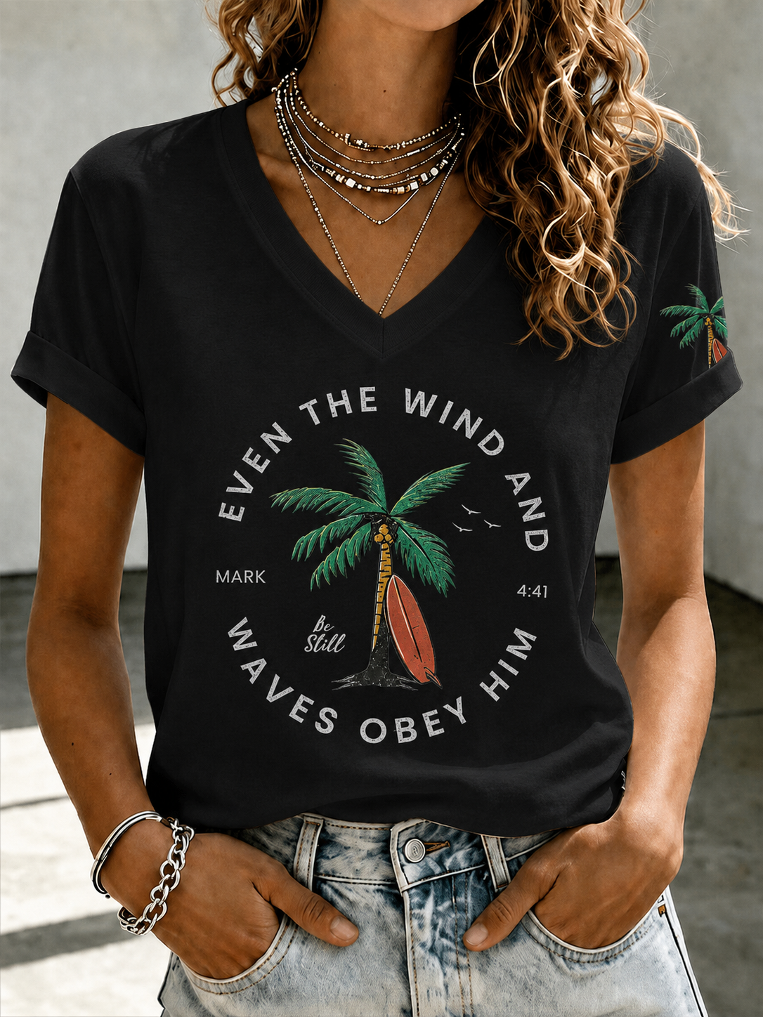 Women'S “Even The Wind And Waves Obey Him” Print V-Neck T-Shirt