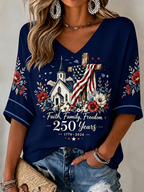 Women'S 250Th Anniversary Flag Cross Commemorative Print V-Neck