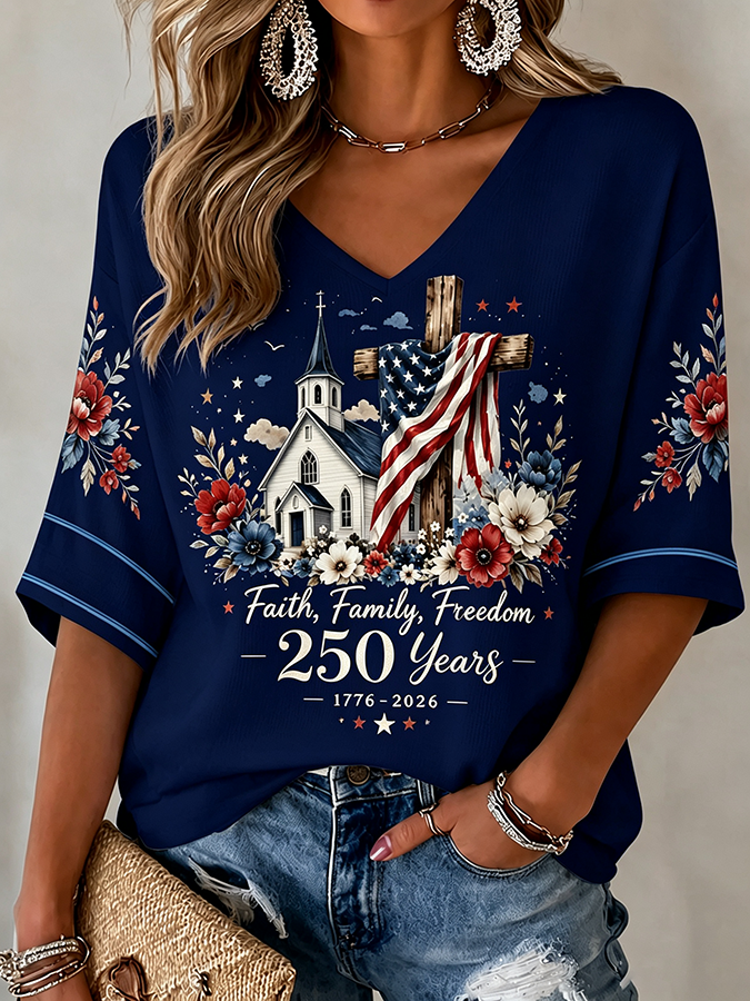 Women'S 250Th Anniversary Flag Cross Commemorative Print V-Neck