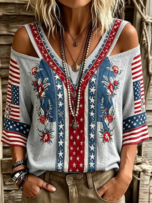 Women's Flag Print Off-Shoulder Top