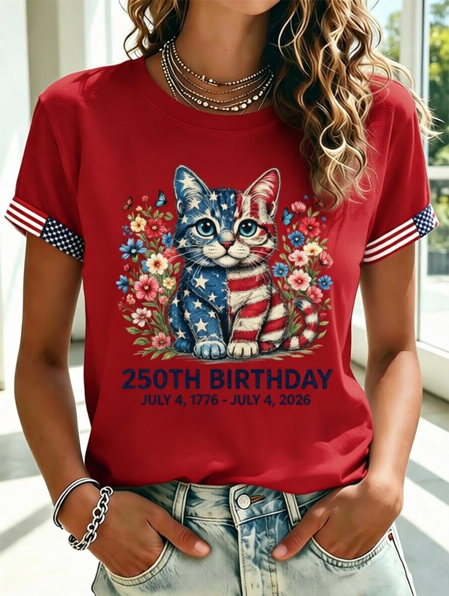 Women'S Independence Day Flower And Animal Flag Short Sleeve T-Shirt