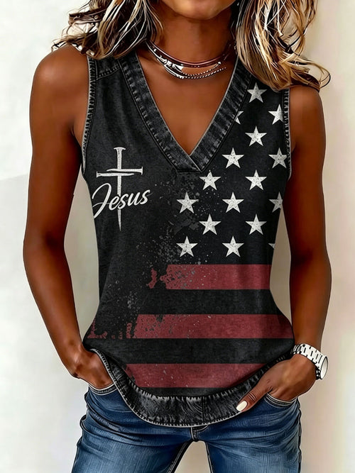 Ladies' Sleeveless V-Neck Independence Day Faith Top