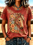 Women'S Retro Floral Horse Print Casual Round Neck Short Sleeved Shirt