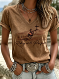 Women'S Retro Western Riding With Purpose Cross Art Printed Round Neck T-Shirt