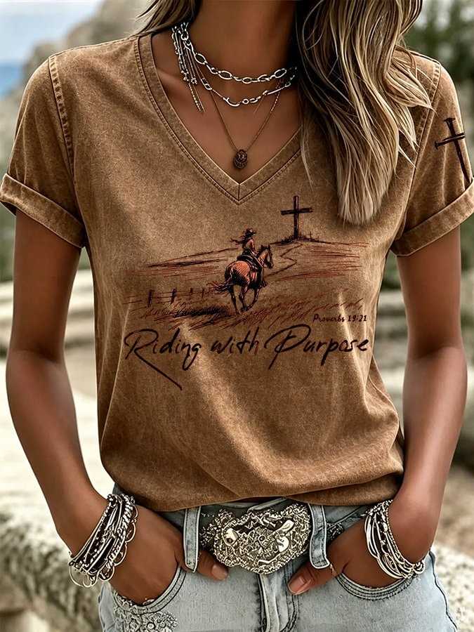 Women'S Retro Western Riding With Purpose Cross Art Printed Round Neck T-Shirt
