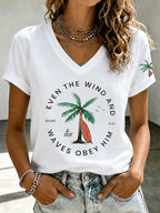 Women'S “Even The Wind And Waves Obey Him” Print V-Neck T-Shirt