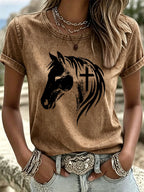Women's Horse Head Cross Printed Casual T-Shirt