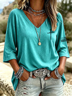 Women's casual V-neck faith solid color seven quarter sleeve T-shirt