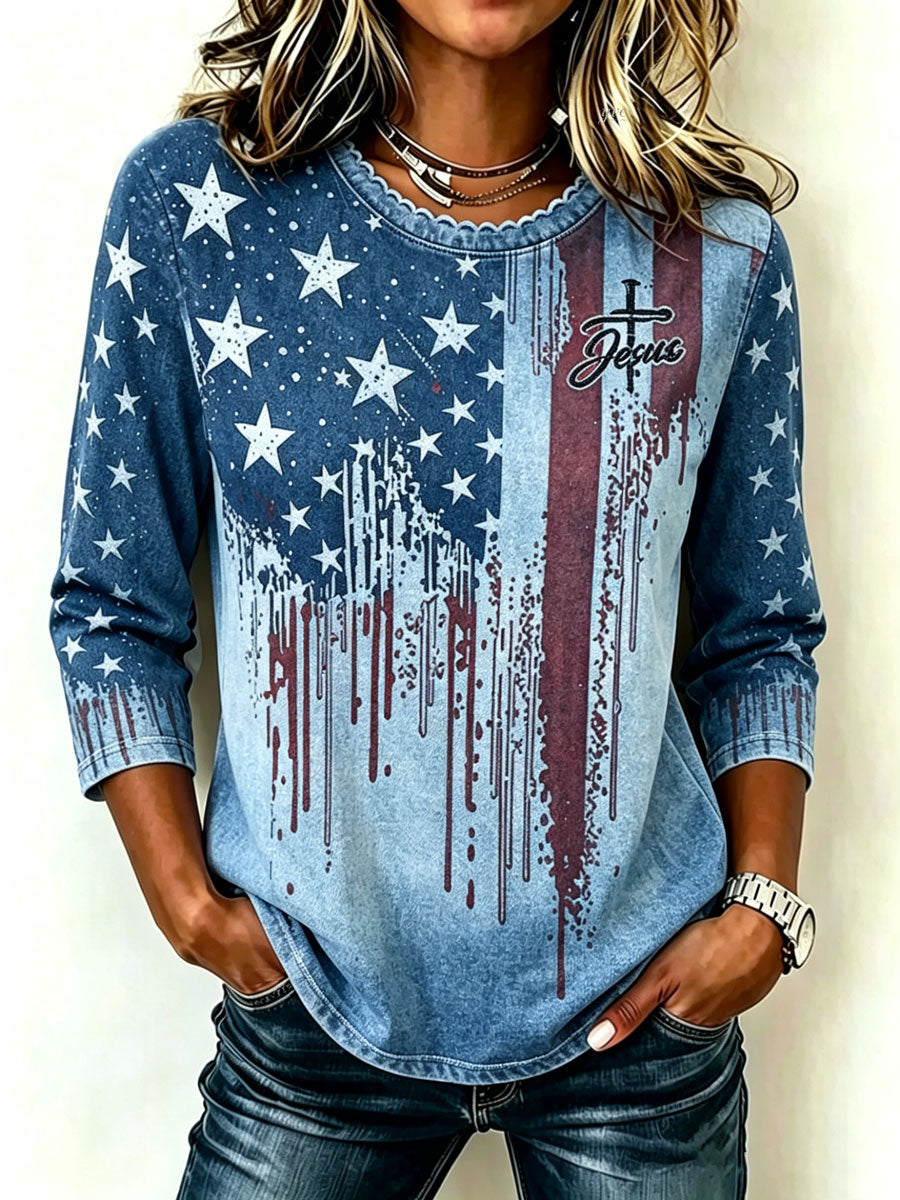 Women'S Cotton Linen Lace Collar 250Th Anniversary American Flag Faith Printed Shirt