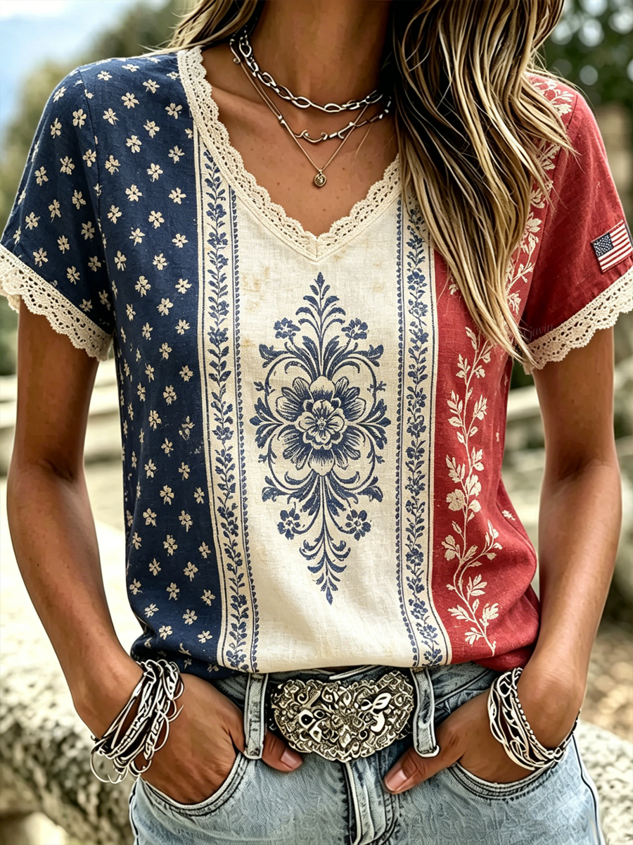 Retro American Flag Flower Element Pattern Design Casual Linen T-Shirt